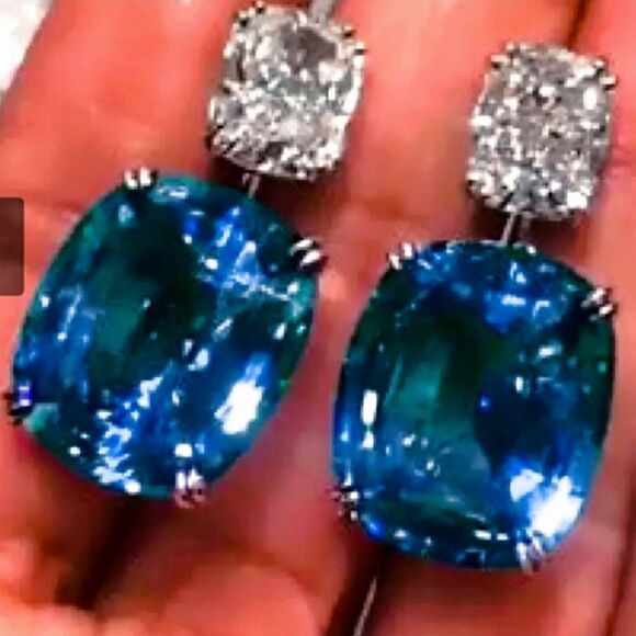 Deep Sea Blue & White Dangle Stud Sapphire Earrings on 925 Silver - Picture 2 of 7